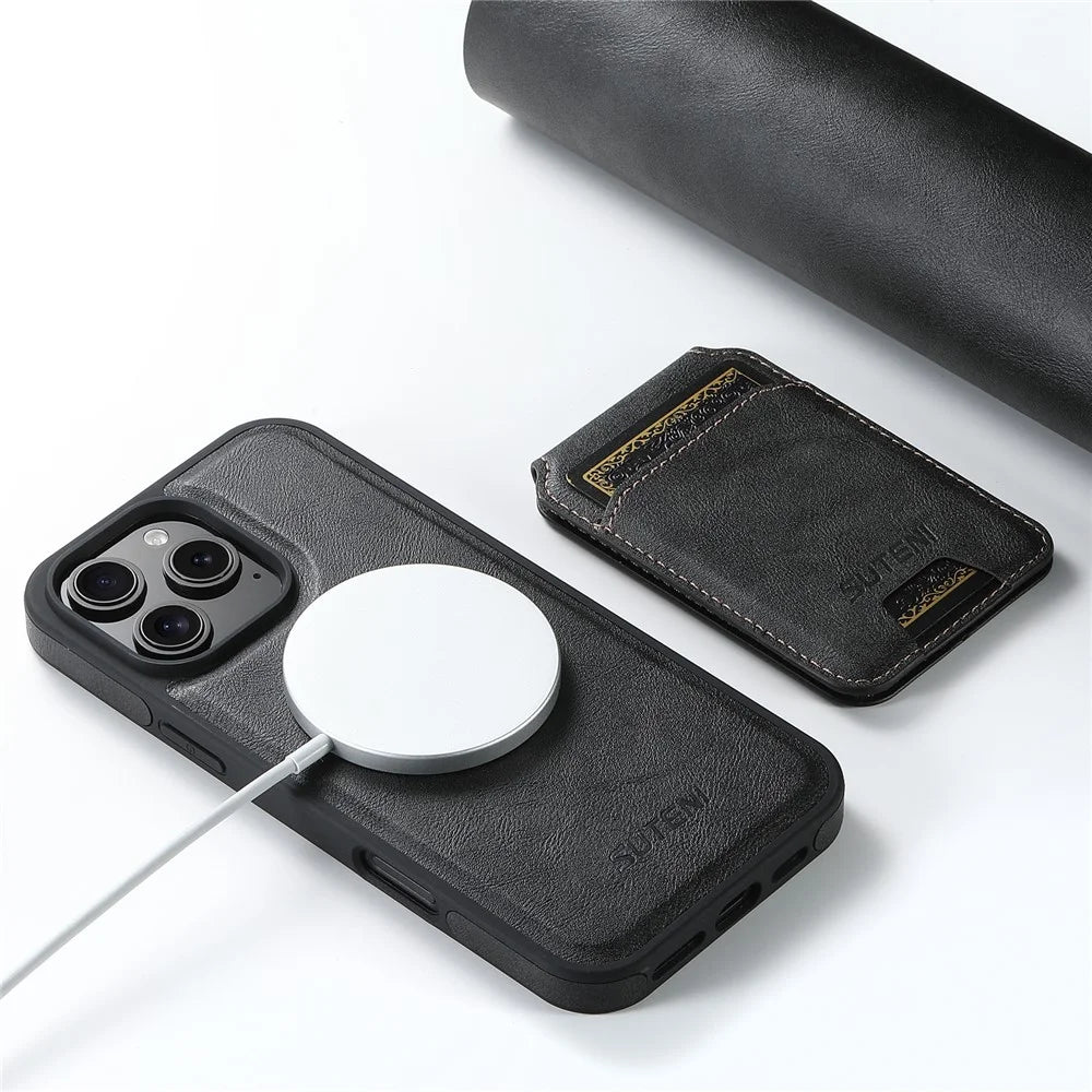 SUTENI M2 For iPhone 16 Pro Max Magnetic Phone Case Waxy Texture Leather+TPU Cover with Card Bag - Black - 3