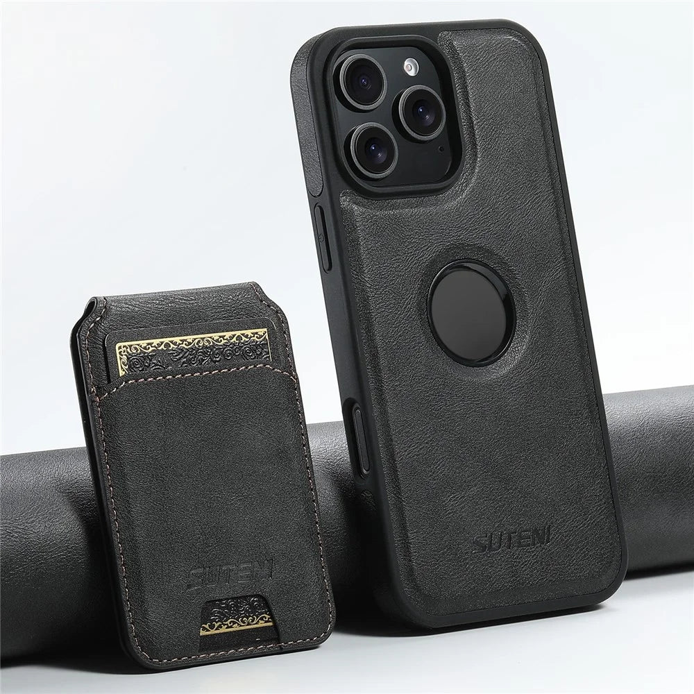 SUTENI M2 For iPhone 16 Pro Max Magnetic Phone Case Waxy Texture Leather+TPU Cover with Card Bag - Black - 5