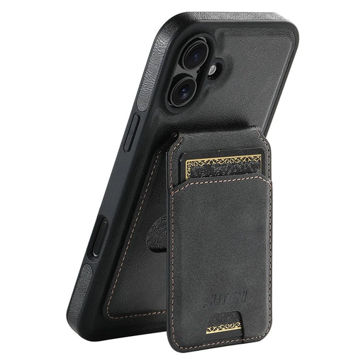 SUTENI M2 For iPhone 16 Magnetic Phone Case Waxy Texture Leather+TPU Cover with Card Bag - Black - 1