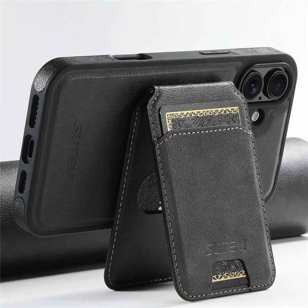 SUTENI M2 For iPhone 16 Magnetic Phone Case Waxy Texture Leather+TPU Cover with Card Bag - Black - 2