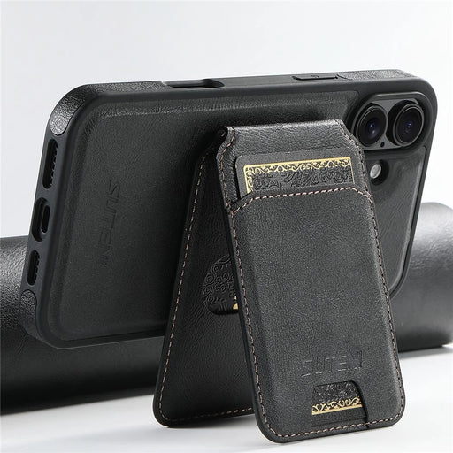 SUTENI M2 For iPhone 16 Magnetic Phone Case Waxy Texture Leather+TPU Cover with Card Bag - Black - 2