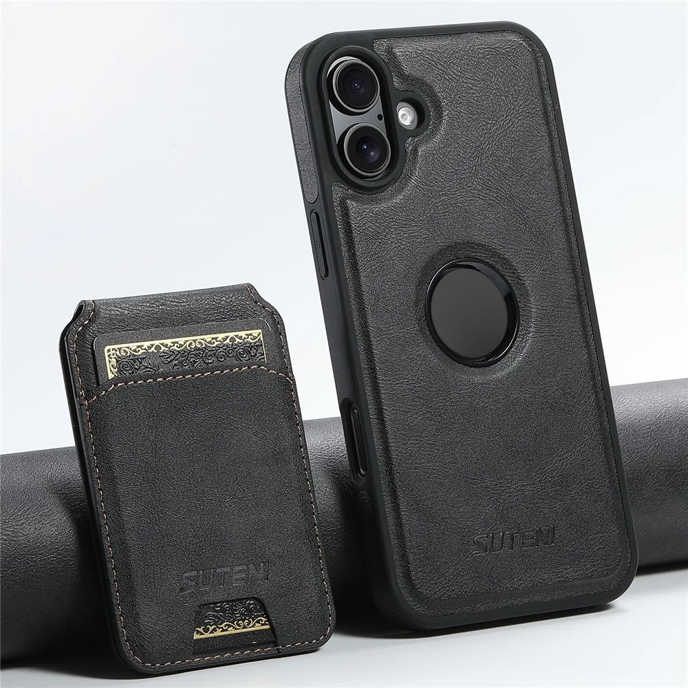 SUTENI M2 For iPhone 16 Magnetic Phone Case Waxy Texture Leather+TPU Cover with Card Bag - Black - 5