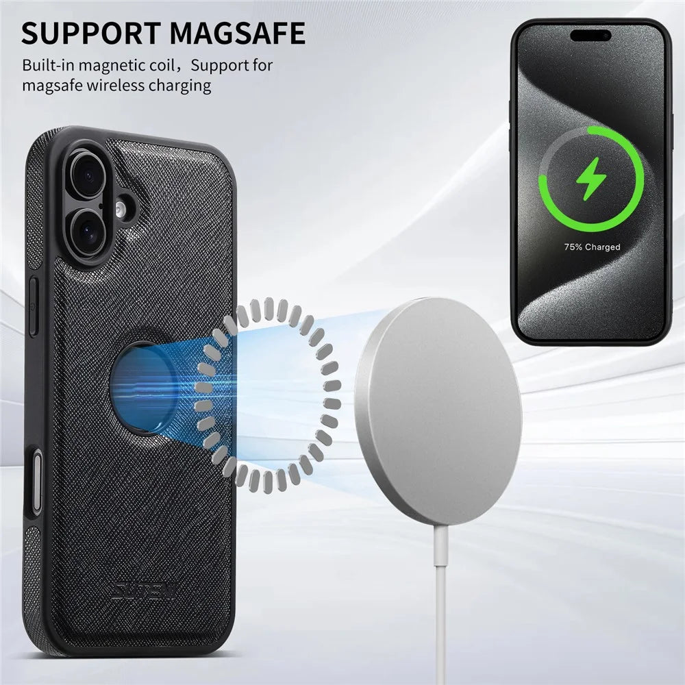 SUTENI G1 For iPhone 16 Plus Case Compatible with MagSafe Cross Texture Leather+TPU Phone Cover - Black - 4