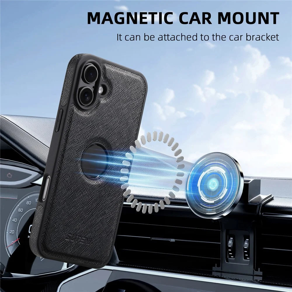 SUTENI G1 For iPhone 16 Plus Case Compatible with MagSafe Cross Texture Leather+TPU Phone Cover - Black - 5