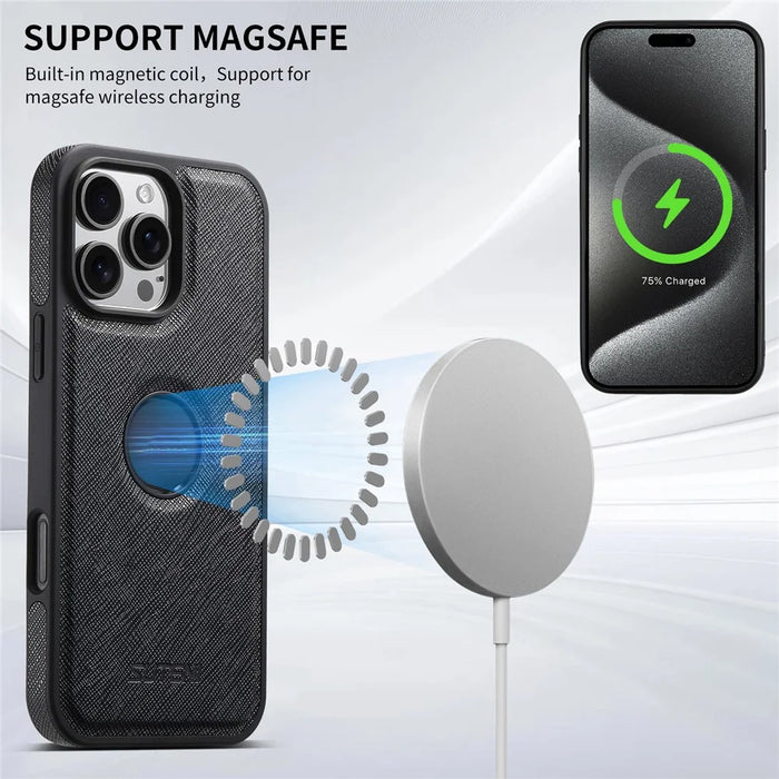 SUTENI G1 For iPhone 16 Pro Max Case Compatible with MagSafe Cross Texture Leather+TPU Phone Cover - Black - 4