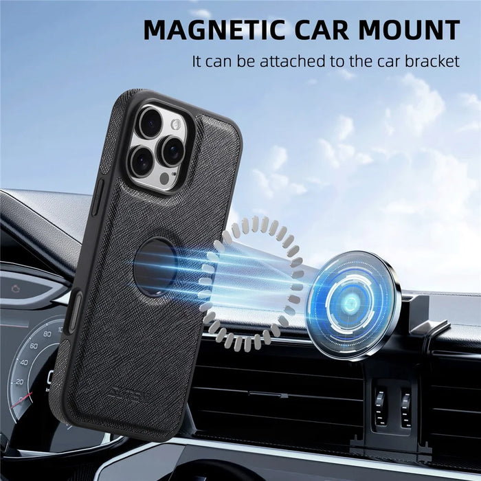 SUTENI G1 For iPhone 16 Pro Max Case Compatible with MagSafe Cross Texture Leather+TPU Phone Cover - Black - 5