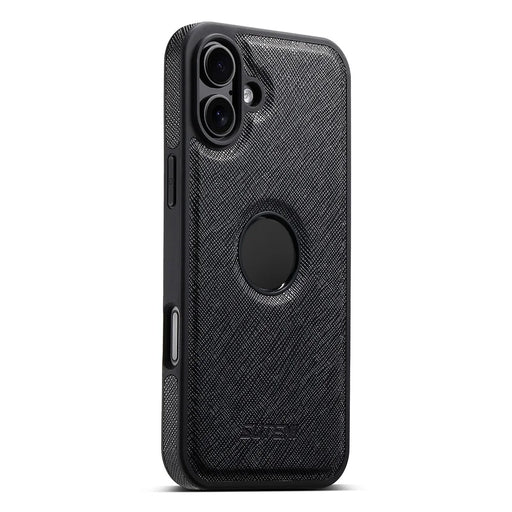SUTENI G1 For iPhone 16 Case Compatible with MagSafe Cross Texture Leather+TPU Phone Cover - Black - 1