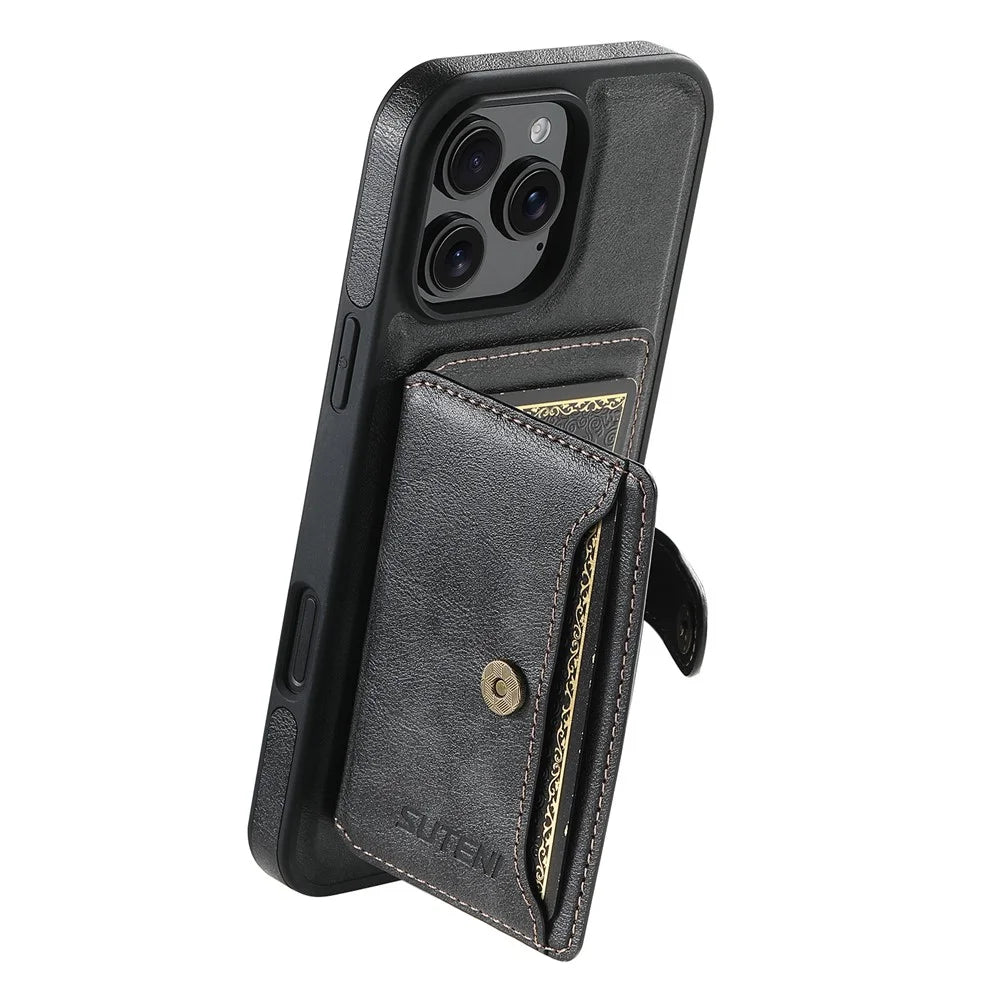 SUTENI M1 For iPhone 16 Pro Magnetic Case Detachable Card Bag Waxy Texture Leather+TPU Cover - Black - 1