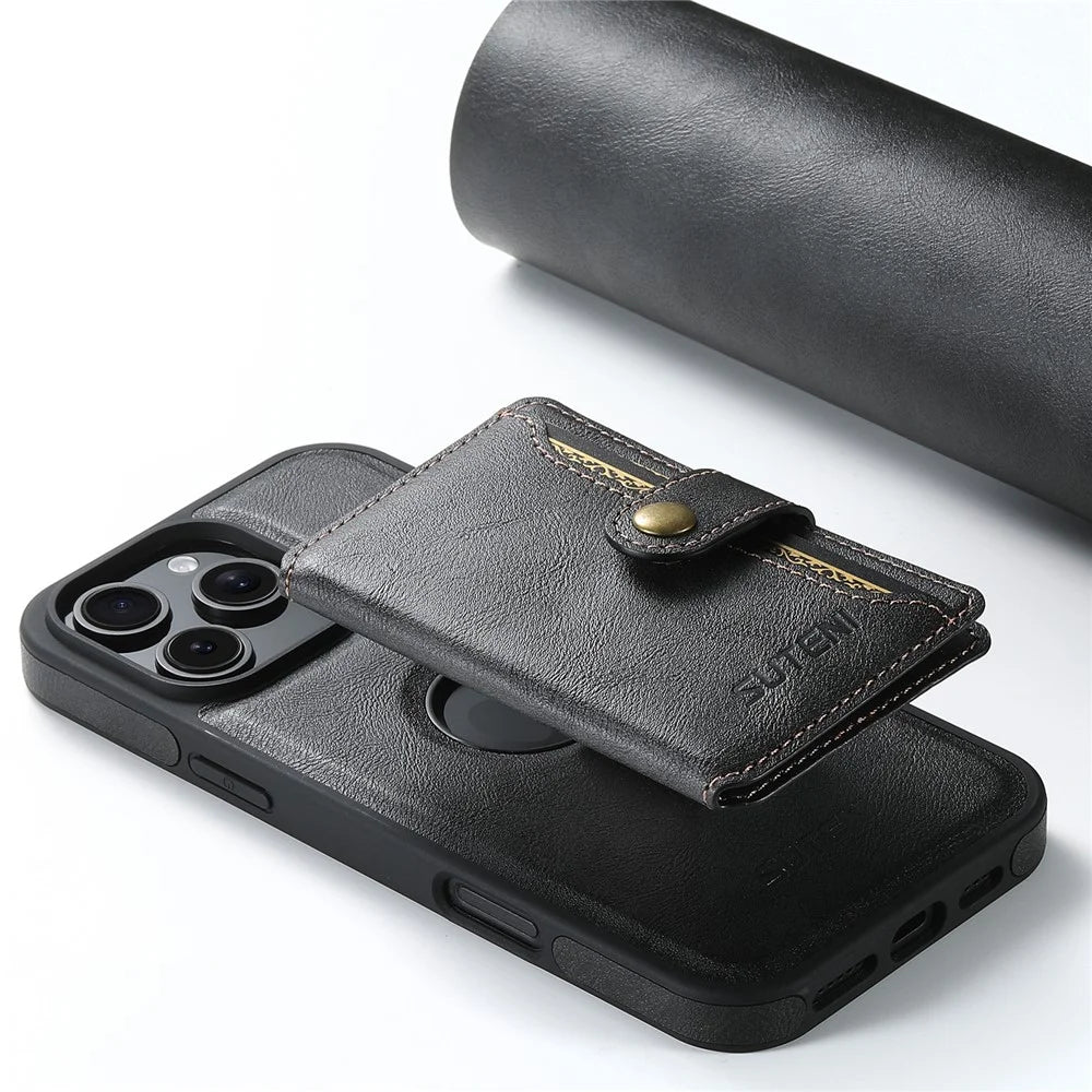 SUTENI M1 For iPhone 16 Pro Magnetic Case Detachable Card Bag Waxy Texture Leather+TPU Cover - Black - 5
