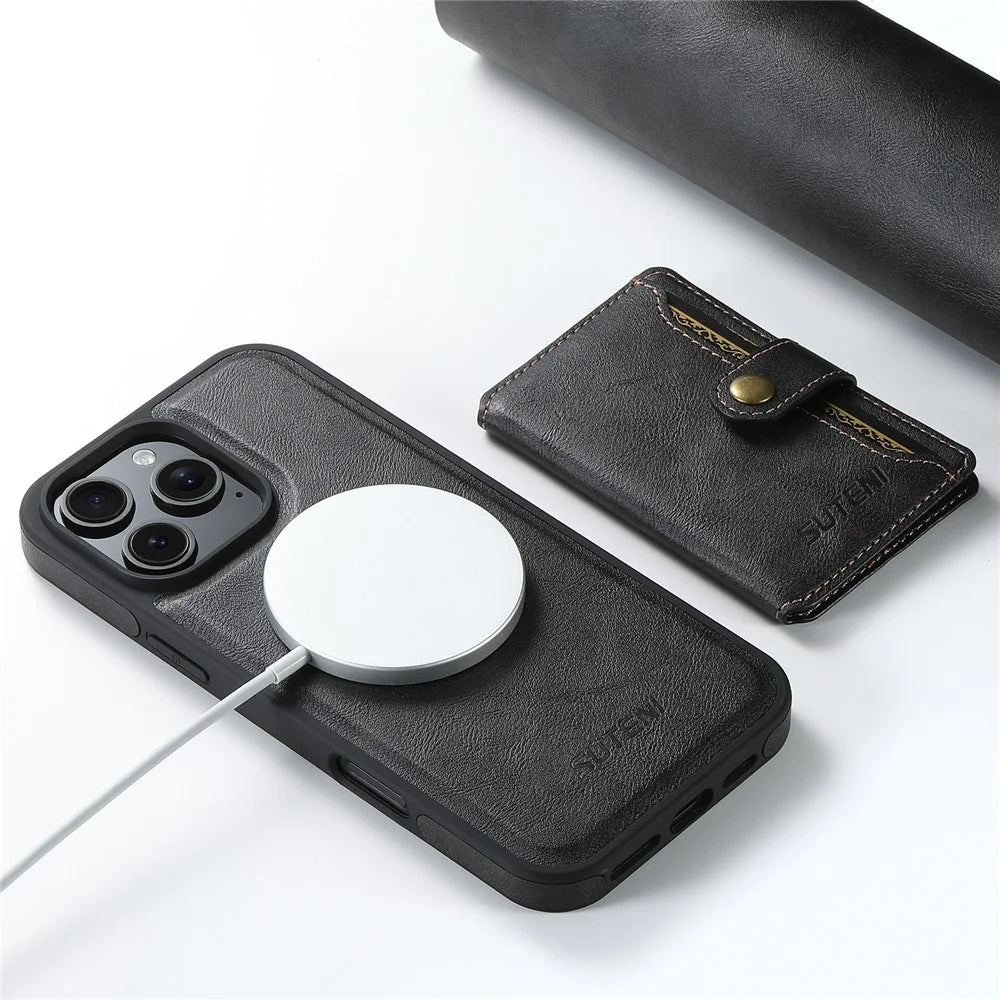 SUTENI M1 For iPhone 16 Pro Magnetic Case Detachable Card Bag Waxy Texture Leather+TPU Cover - Black - 6