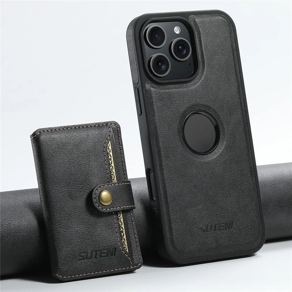 SUTENI M1 For iPhone 16 Pro Magnetic Case Detachable Card Bag Waxy Texture Leather+TPU Cover - Black - 7
