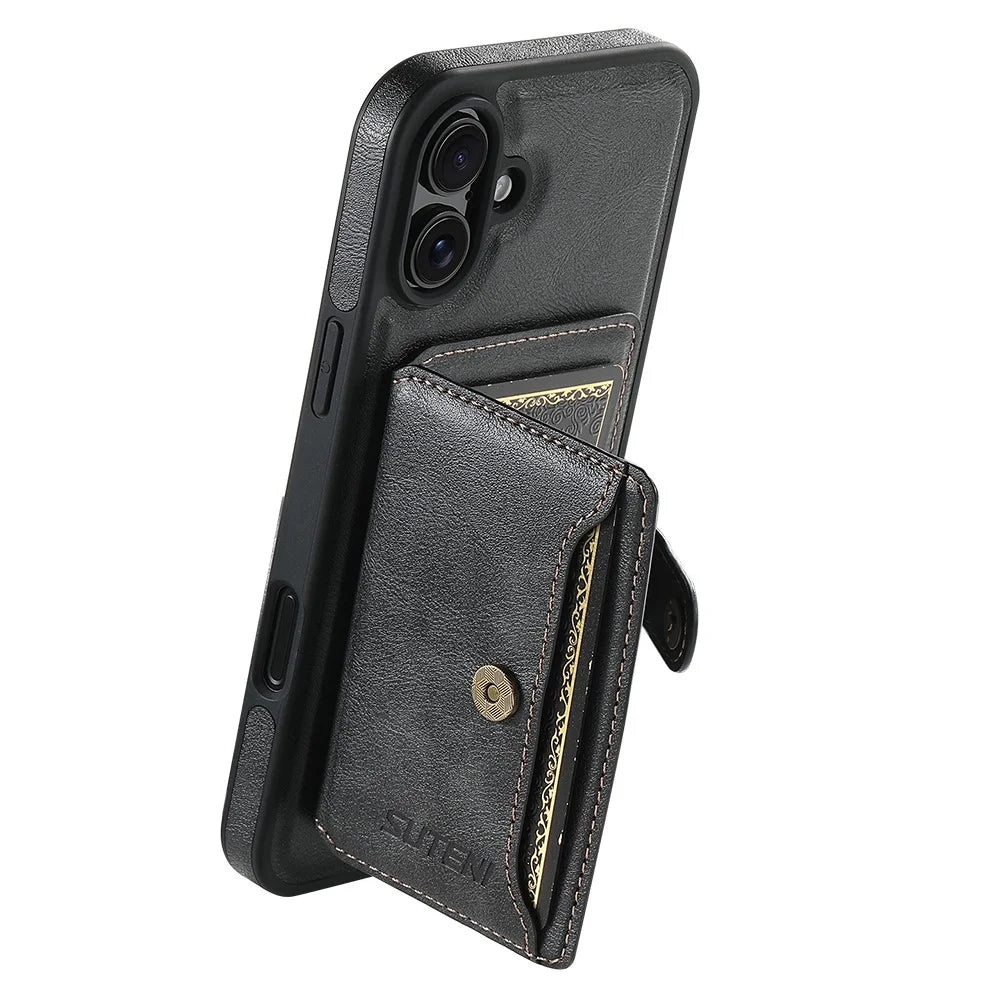 SUTENI M1 For iPhone 16 Plus Magnetic Case Detachable Card Bag Waxy Texture Leather+TPU Cover - Black - 1