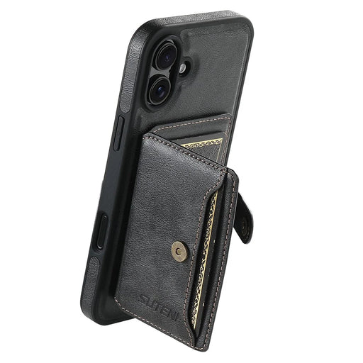 SUTENI M1 For iPhone 16 Plus Magnetic Case Detachable Card Bag Waxy Texture Leather+TPU Cover - Black - 1