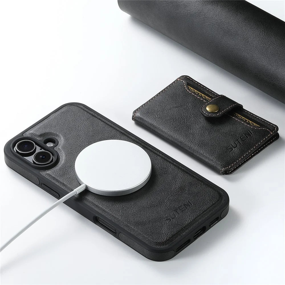 SUTENI M1 For iPhone 16 Plus Magnetic Case Detachable Card Bag Waxy Texture Leather+TPU Cover - Black - 5
