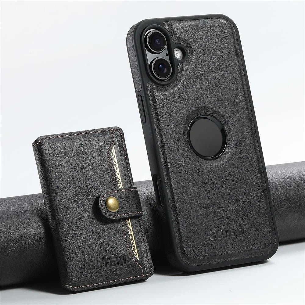 SUTENI M1 For iPhone 16 Plus Magnetic Case Detachable Card Bag Waxy Texture Leather+TPU Cover - Black - 7