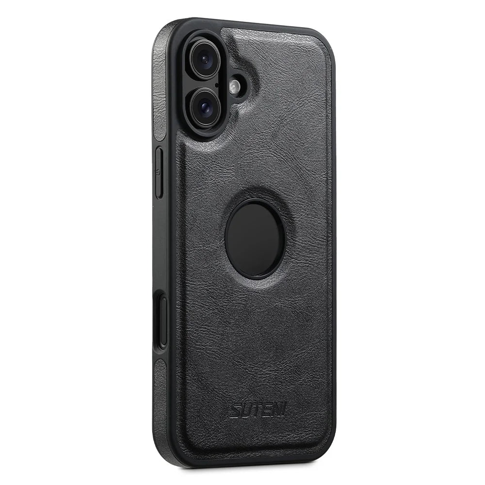 SUTENI G1 For iPhone 16 Plus Magnetic Case Waxy Texture Leather Coated TPU Phone Cover - Black - 1