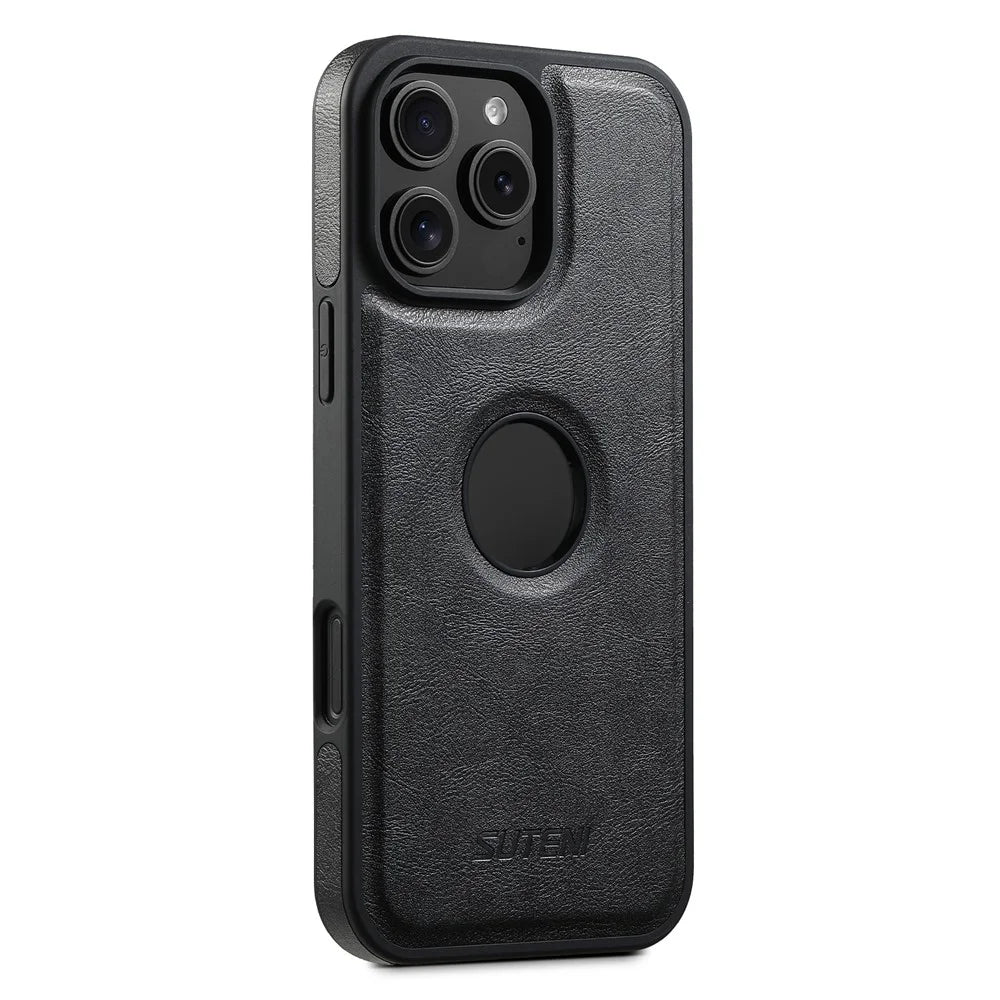 SUTENI G1 For iPhone 16 Pro Max Magnetic Case Waxy Texture Leather Coated TPU Phone Cover - Black - 1