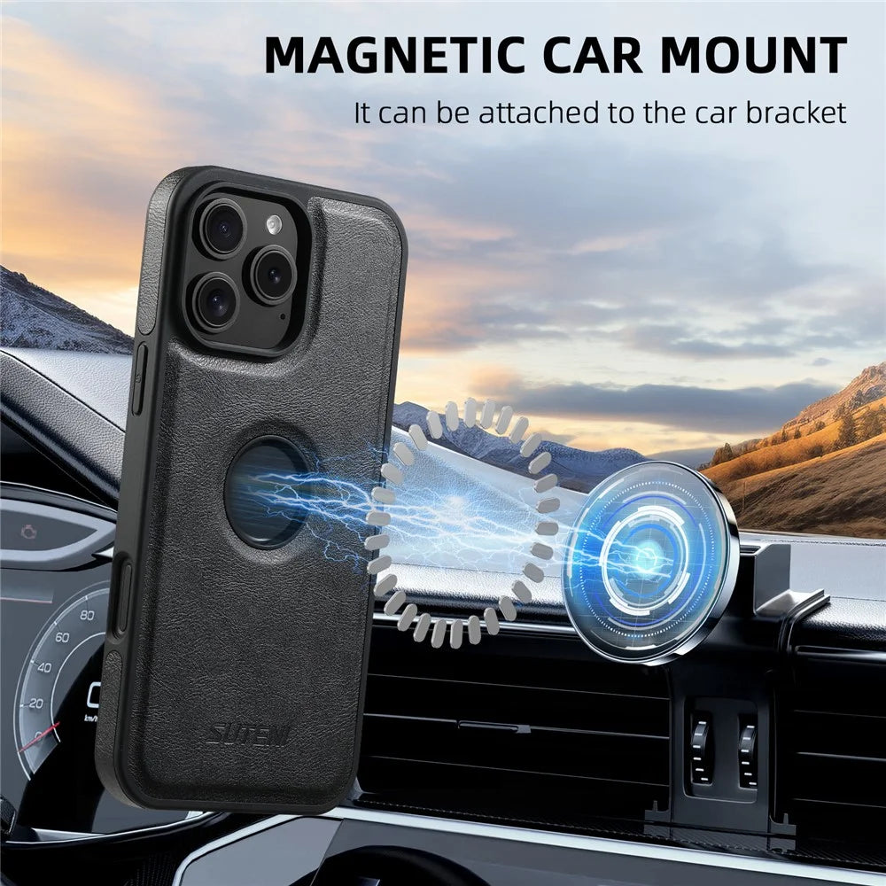 SUTENI G1 For iPhone 16 Pro Max Magnetic Case Waxy Texture Leather Coated TPU Phone Cover - Black - 4