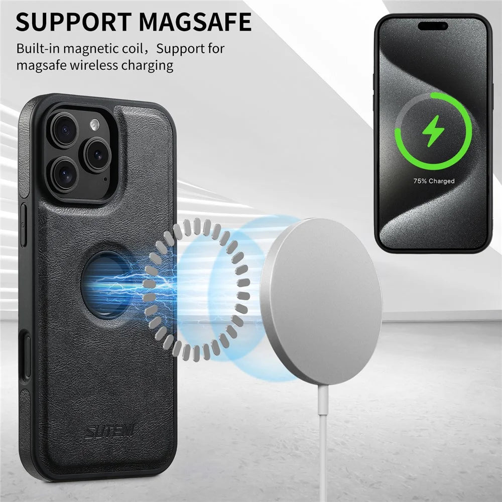 SUTENI G1 For iPhone 16 Pro Max Magnetic Case Waxy Texture Leather Coated TPU Phone Cover - Black - 5
