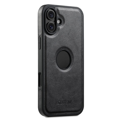 SUTENI G1 For iPhone 16 Magnetic Case Waxy Texture Leather Coated TPU Phone Cover - Black - 1