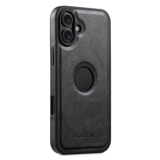 SUTENI G1 For iPhone 16 Magnetic Case Waxy Texture Leather Coated TPU Phone Cover - Black - 1