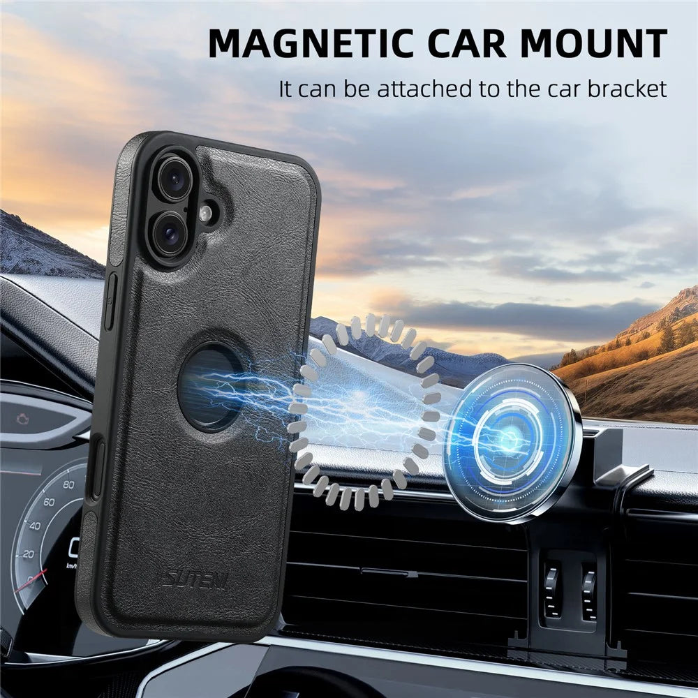 SUTENI G1 For iPhone 16 Magnetic Case Waxy Texture Leather Coated TPU Phone Cover - Black - 4