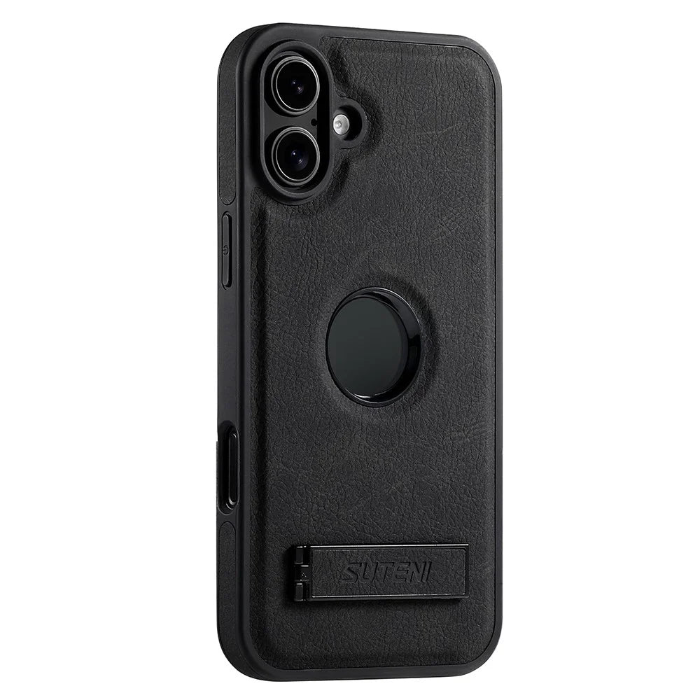SUTENI G2 For iPhone 16 Plus Magnetic Case Kickstand Litchi Texture Leather+TPU Cover - Black - 1