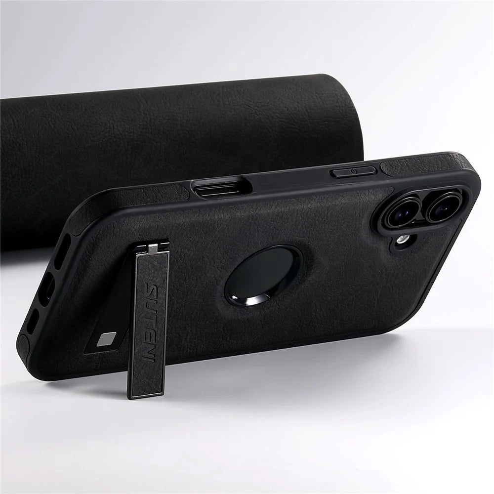 SUTENI G2 For iPhone 16 Plus Magnetic Case Kickstand Litchi Texture Leather+TPU Cover - Black - 3