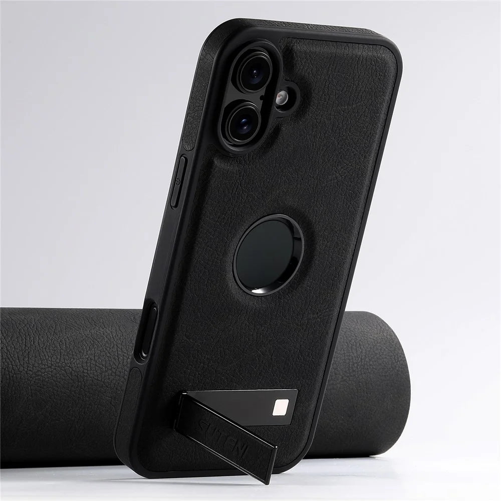 SUTENI G2 For iPhone 16 Plus Magnetic Case Kickstand Litchi Texture Leather+TPU Cover - Black - 4