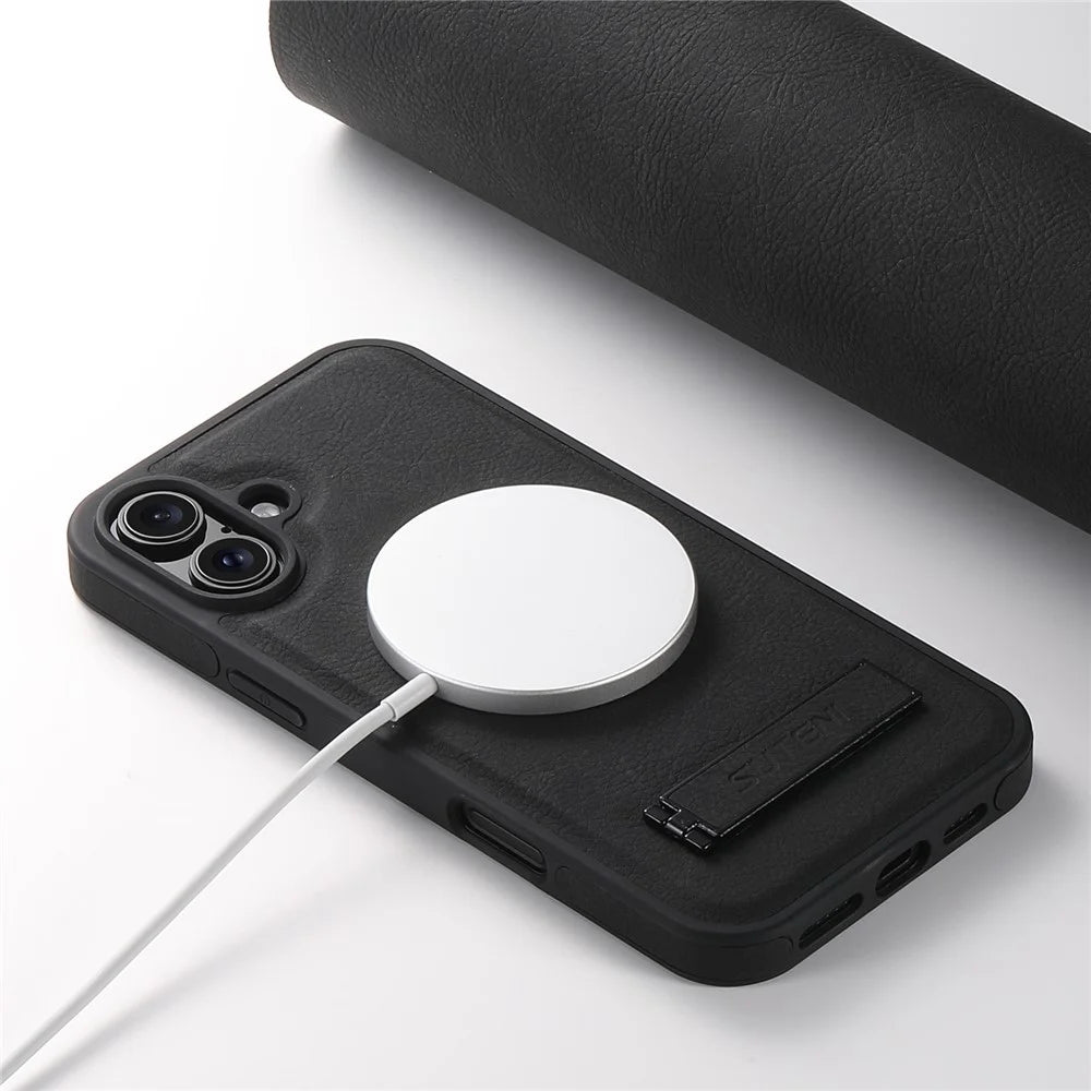 SUTENI G2 For iPhone 16 Plus Magnetic Case Kickstand Litchi Texture Leather+TPU Cover - Black - 5