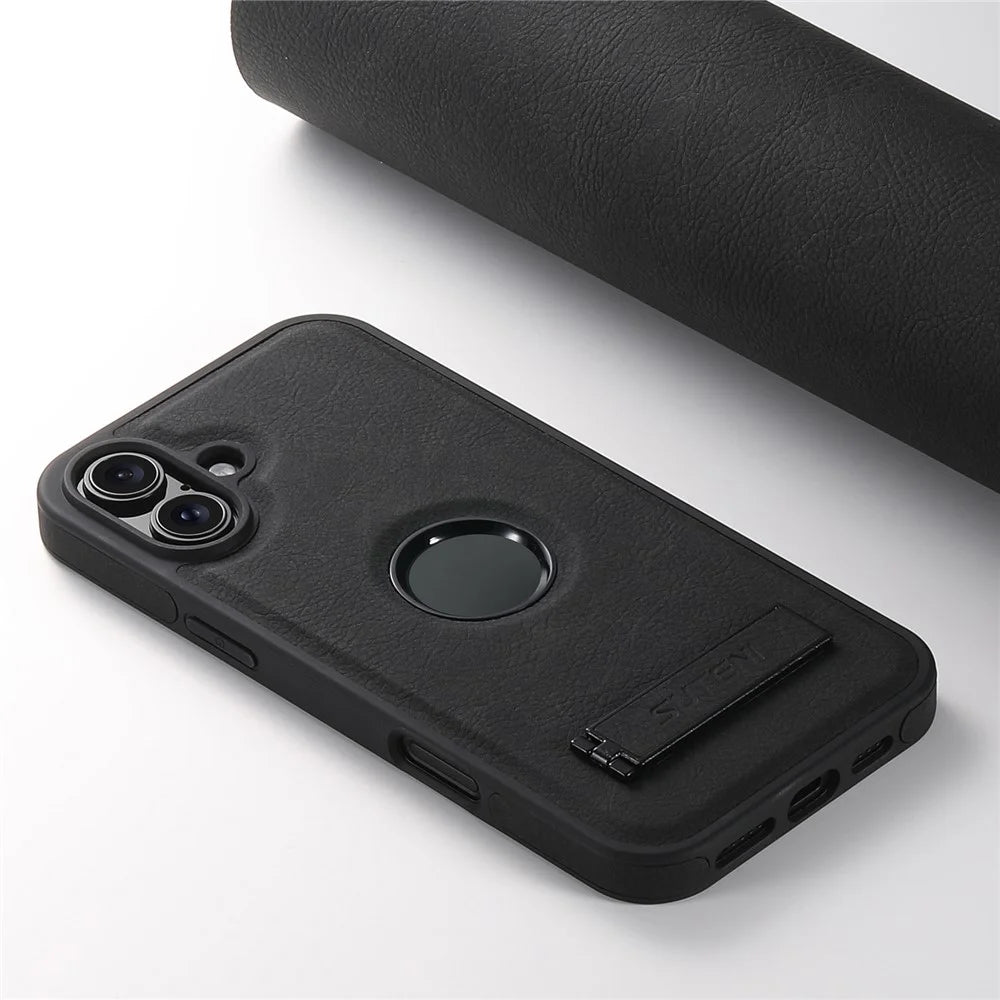 SUTENI G2 For iPhone 16 Plus Magnetic Case Kickstand Litchi Texture Leather+TPU Cover - Black - 6