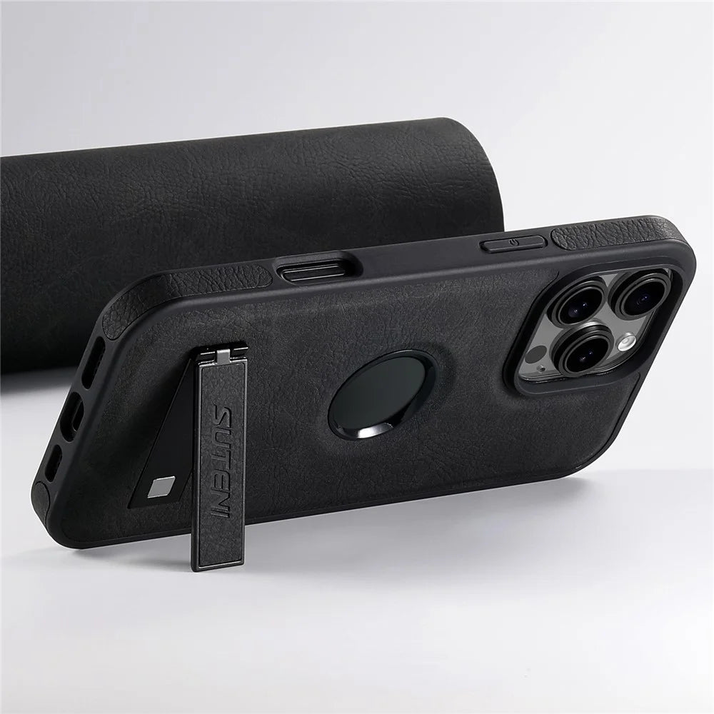 SUTENI G2 For iPhone 16 Pro Max Magnetic Case Kickstand Litchi Texture Leather+TPU Cover - Black - 3