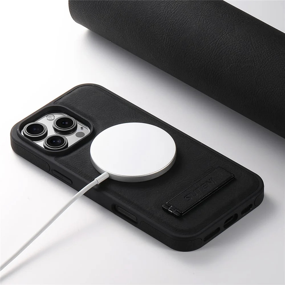 SUTENI G2 For iPhone 16 Pro Max Magnetic Case Kickstand Litchi Texture Leather+TPU Cover - Black - 6