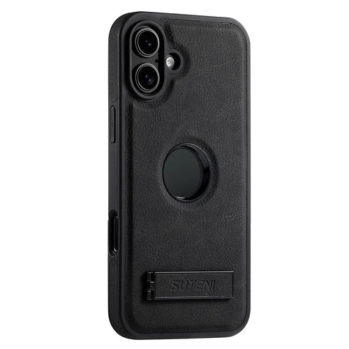 SUTENI G2 For iPhone 16 Magnetic Case Kickstand Litchi Texture Leather+TPU Cover - Black - 1