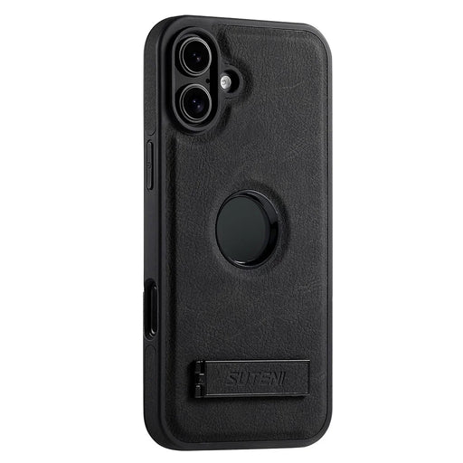 SUTENI G2 For iPhone 16 Magnetic Case Kickstand Litchi Texture Leather+TPU Cover - Black - 1