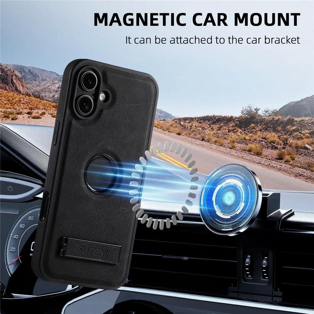 SUTENI G2 For iPhone 16 Magnetic Case Kickstand Litchi Texture Leather+TPU Cover - Black - 7