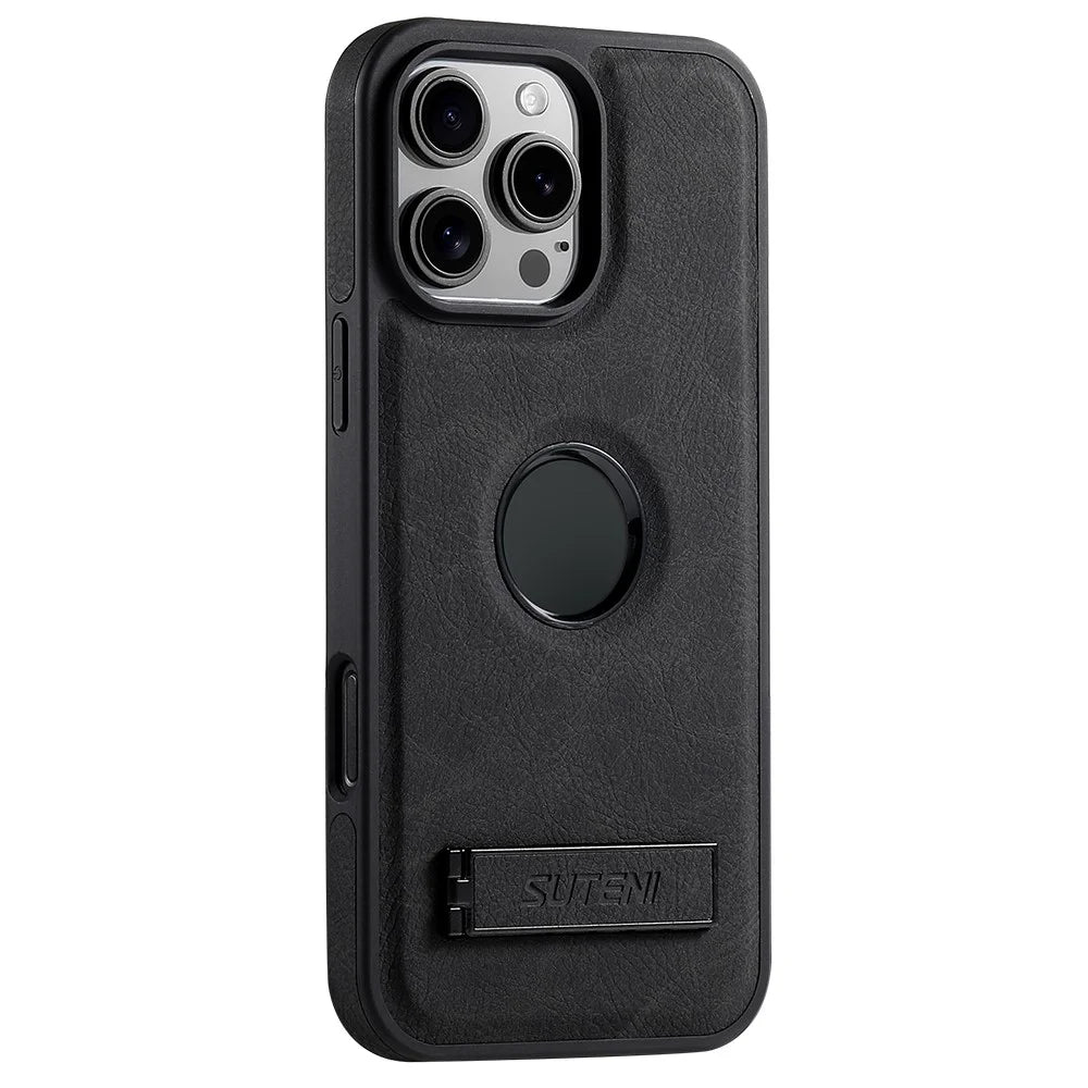 SUTENI G2 For iPhone 16 Pro Magnetic Case Kickstand Litchi Texture Leather+TPU Cover - Black - 1