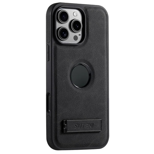 SUTENI G2 For iPhone 16 Pro Magnetic Case Kickstand Litchi Texture Leather+TPU Cover - Black - 1