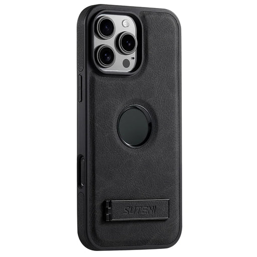 SUTENI G2 For iPhone 16 Pro Magnetic Case Kickstand Litchi Texture Leather+TPU Cover - Black - 1
