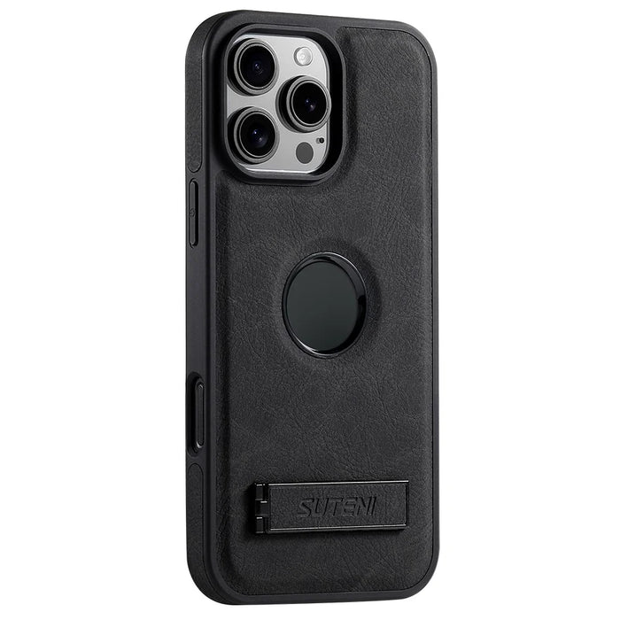 SUTENI G2 For iPhone 16 Pro Magnetic Case Kickstand Litchi Texture Leather+TPU Cover - Black - 1