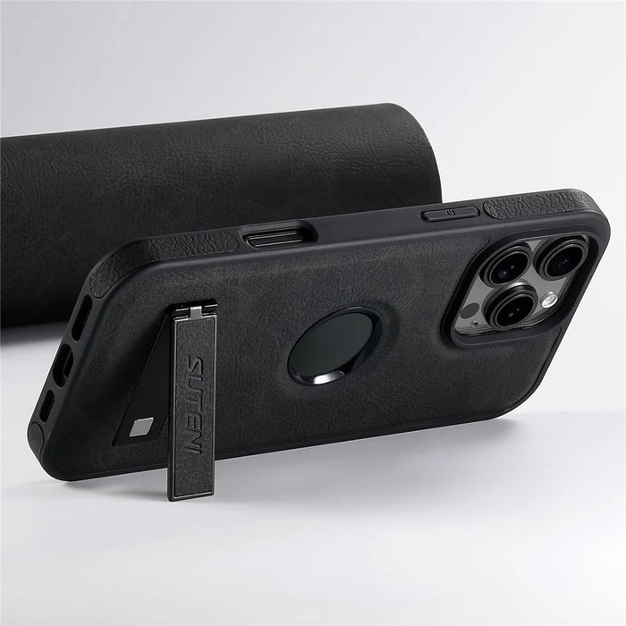 SUTENI G2 For iPhone 16 Pro Magnetic Case Kickstand Litchi Texture Leather+TPU Cover - Black - 3