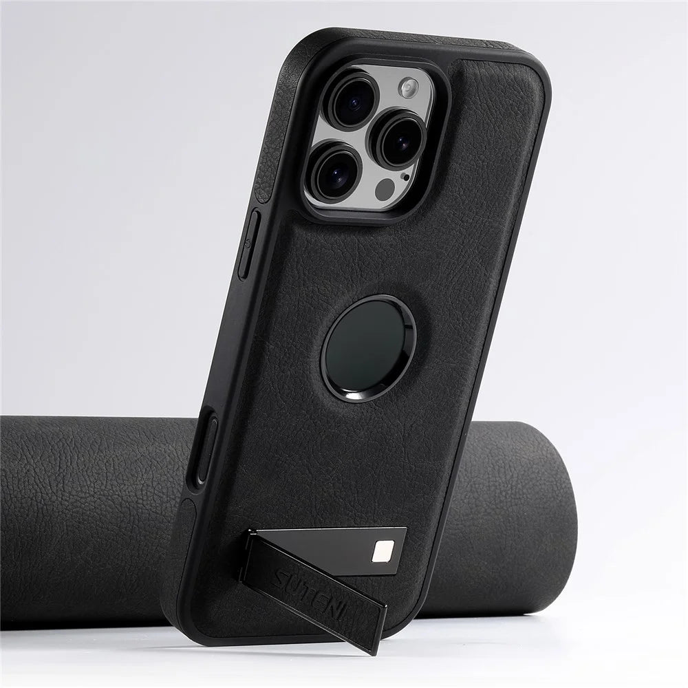 SUTENI G2 For iPhone 16 Pro Magnetic Case Kickstand Litchi Texture Leather+TPU Cover - Black - 4