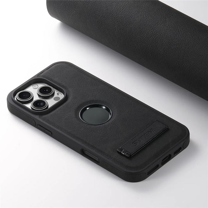 SUTENI G2 For iPhone 16 Pro Magnetic Case Kickstand Litchi Texture Leather+TPU Cover - Black - 5