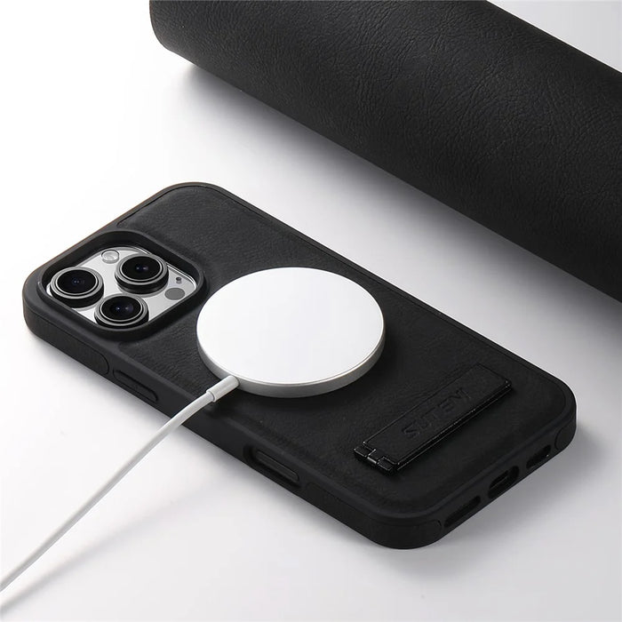 SUTENI G2 For iPhone 16 Pro Magnetic Case Kickstand Litchi Texture Leather+TPU Cover - Black - 6