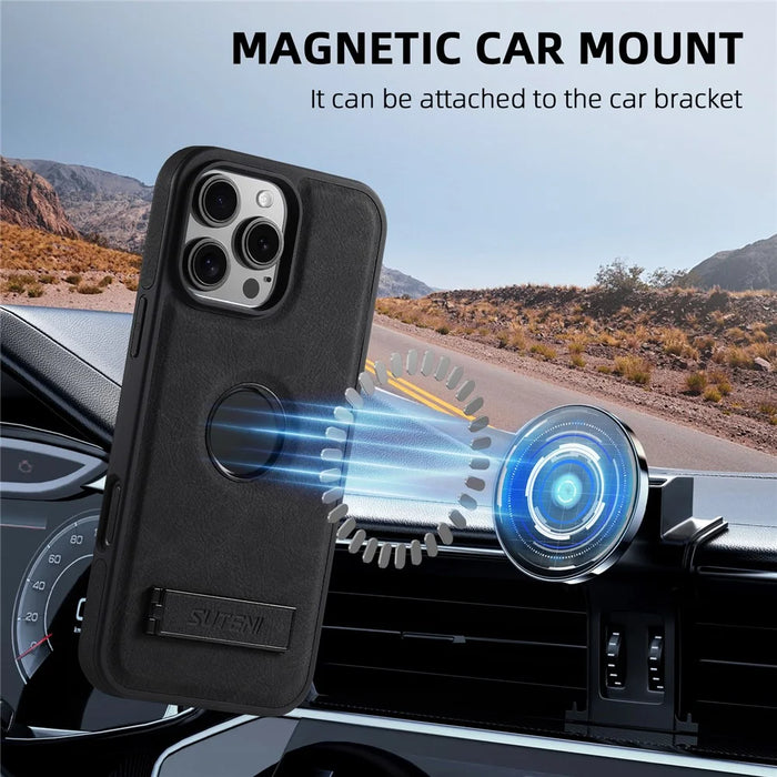 SUTENI G2 For iPhone 16 Pro Magnetic Case Kickstand Litchi Texture Leather+TPU Cover - Black - 7