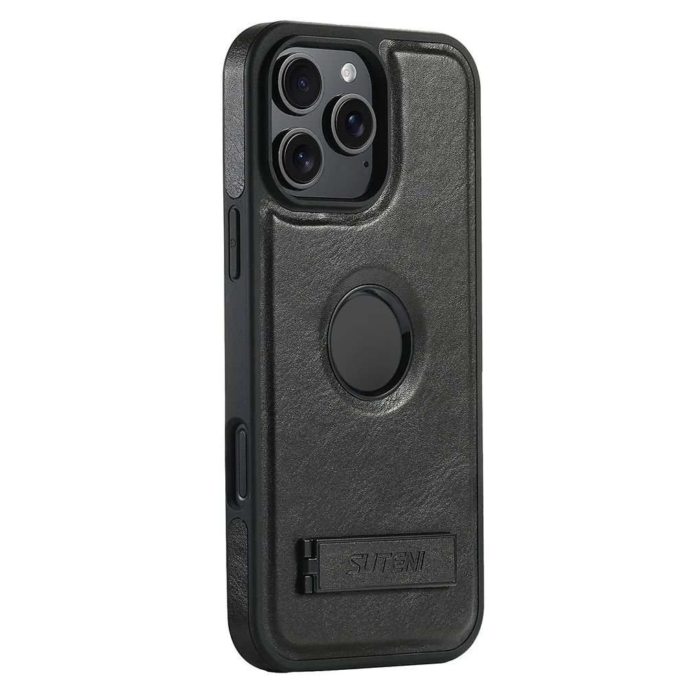 SUTENI G2 For iPhone 16 Pro Max Magnetic Case Leather Phone Back Cover Waxy Texture Kickstand - Black - 1