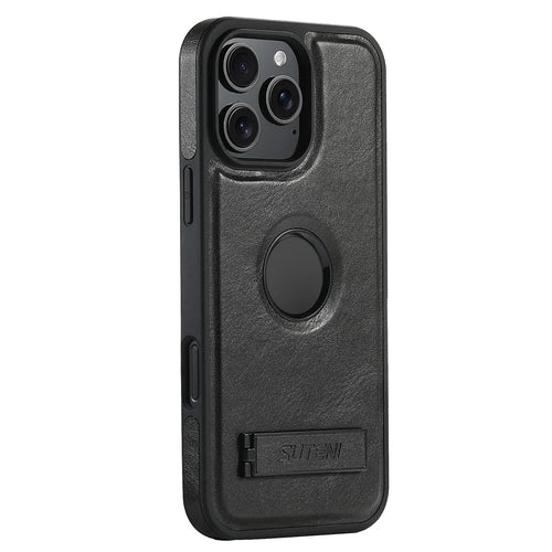 SUTENI G2 For iPhone 16 Pro Max Magnetic Case Leather Phone Back Cover Waxy Texture Kickstand - Black - 1