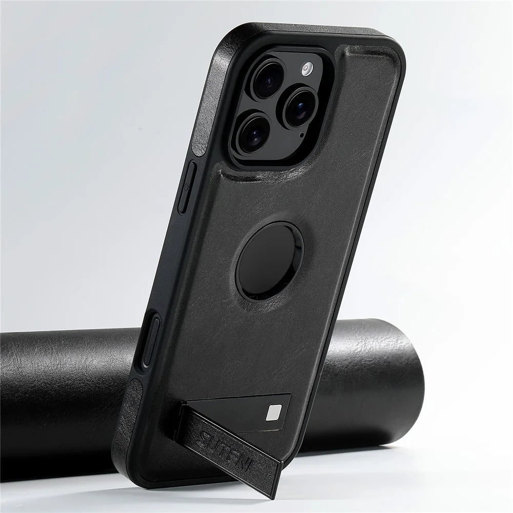 SUTENI G2 For iPhone 16 Pro Max Magnetic Case Leather Phone Back Cover Waxy Texture Kickstand - Black - 3