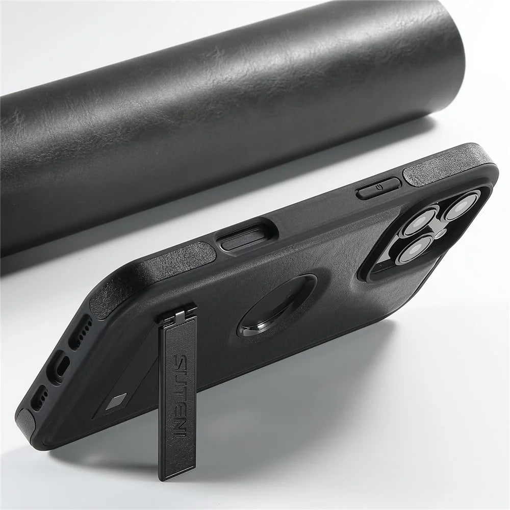 SUTENI G2 For iPhone 16 Pro Max Magnetic Case Leather Phone Back Cover Waxy Texture Kickstand - Black - 4