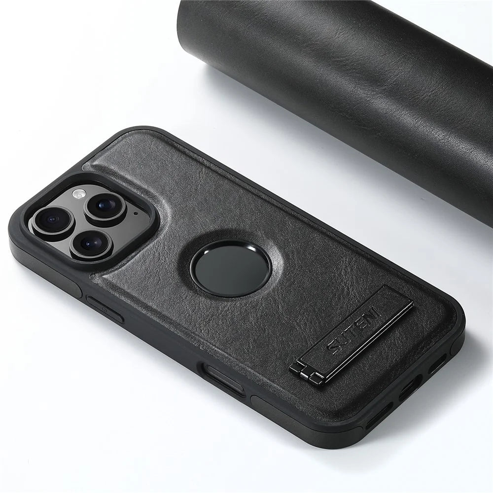 SUTENI G2 For iPhone 16 Pro Max Magnetic Case Leather Phone Back Cover Waxy Texture Kickstand - Black - 6